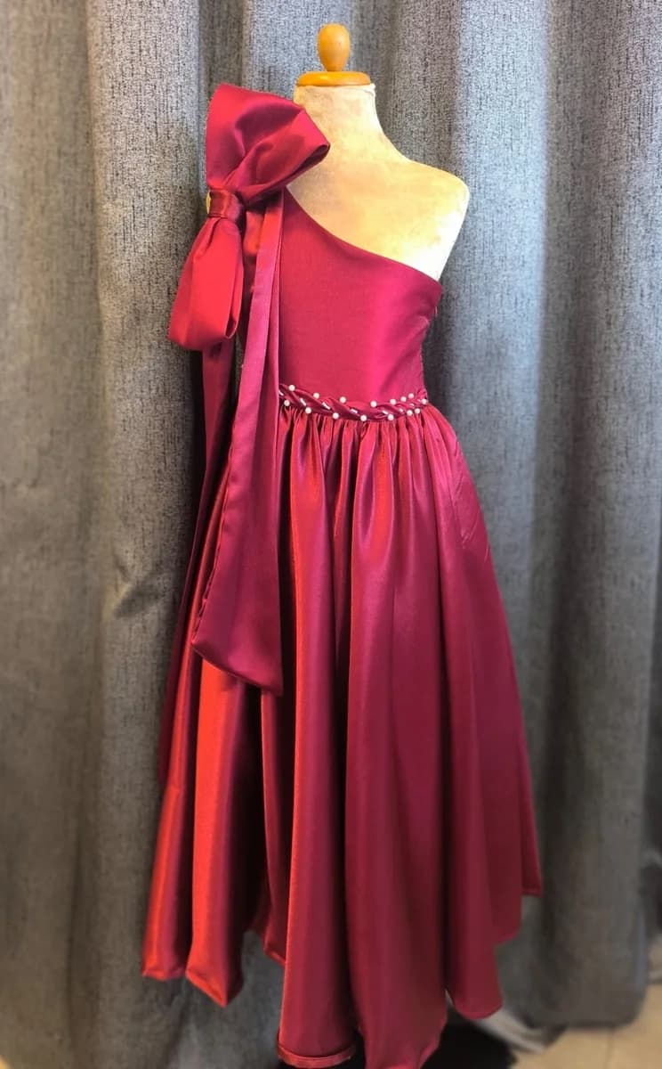Wine One-Shoulder Bow Gown - view 1
